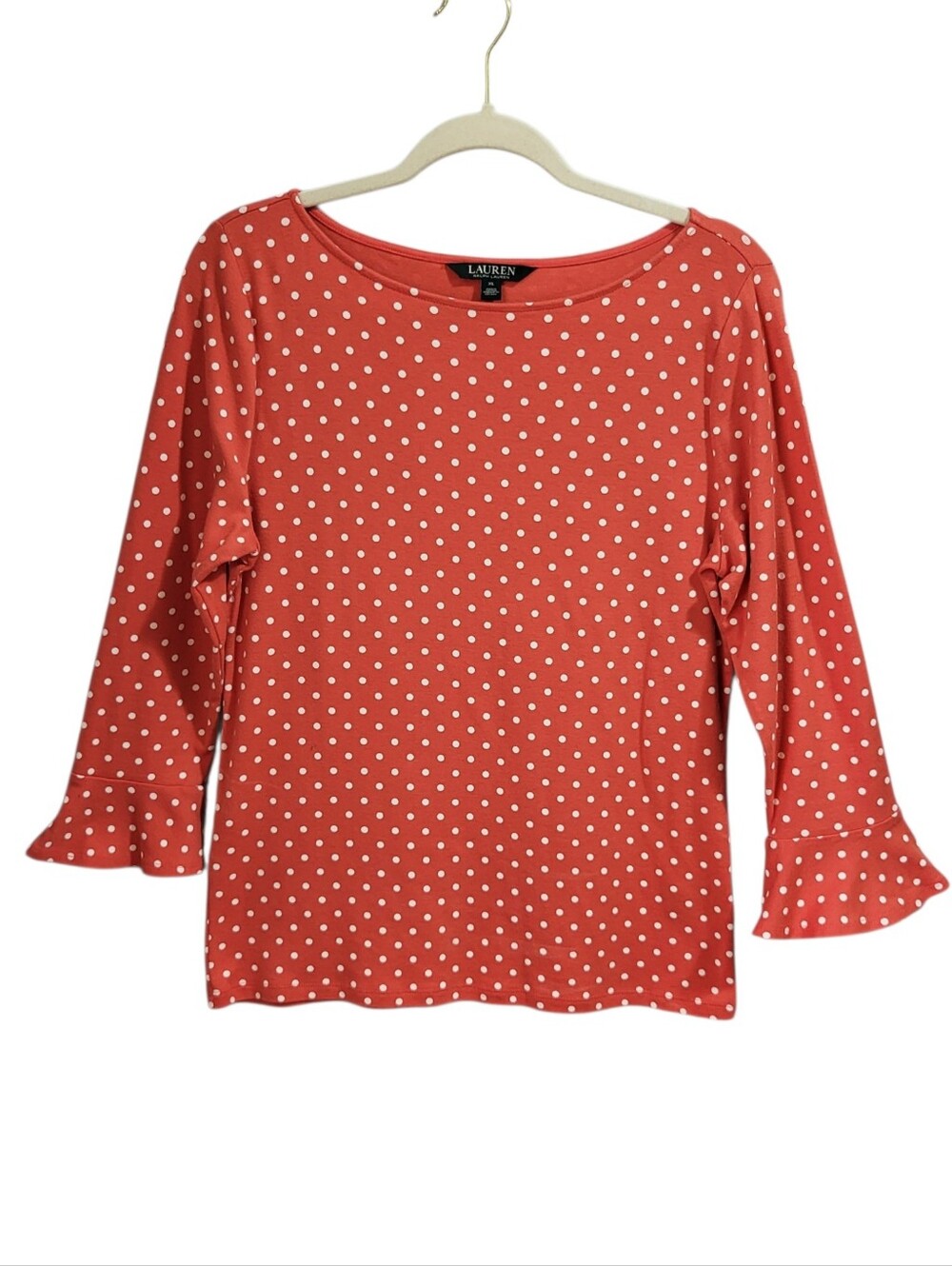 Lauren Ralph Lauren Top XL Coral White Polka Dot Cotton Ruffle Sleeve Old Money